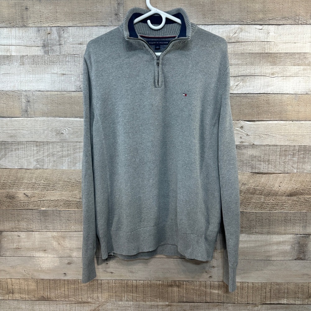 Tommy Hilfiger Mens Grey 100% Cotton 1/4 Zip Pullover Sweater Large L Mock Neck